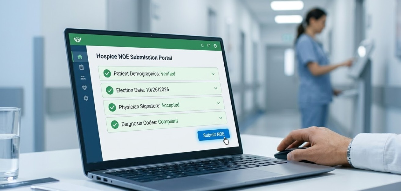 Laptop screen displaying a validated electronic NOE submission checklist for hospice, featuring green checkmarks for compliant fields and accuracy.