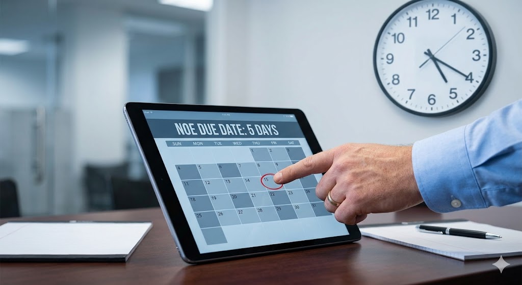 Close-up of a hospice administrator pointing to a critical NOE deadline date on a calendar, emphasizing timely filing and compliance for leadership.