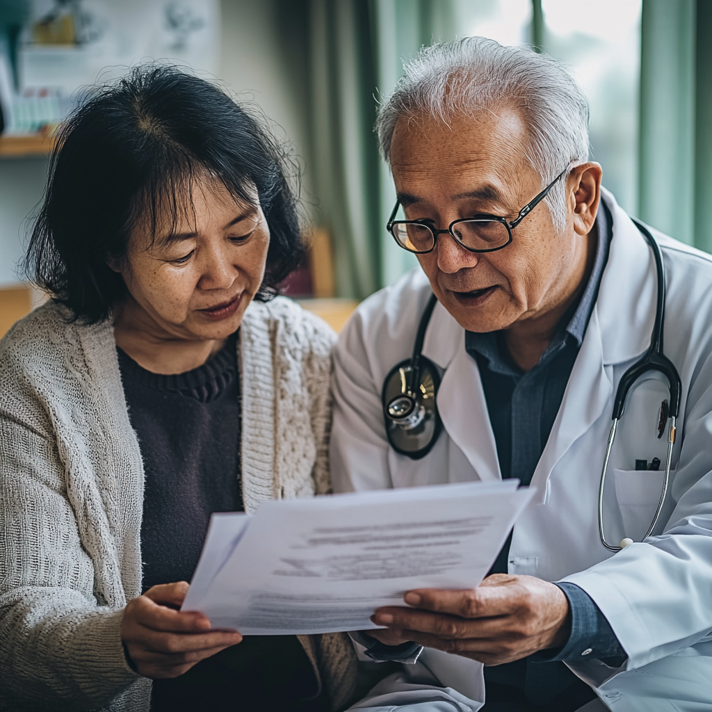 doctor and patient approximately 60 years old sit side by side looking at document