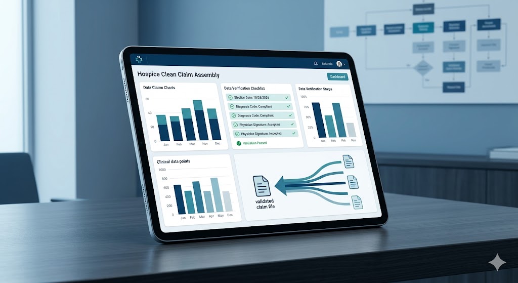 High-definition snapshot of a hospice clean-claim assembly workflow on a digital tablet, showing data verification from clinical documentation to final submission.