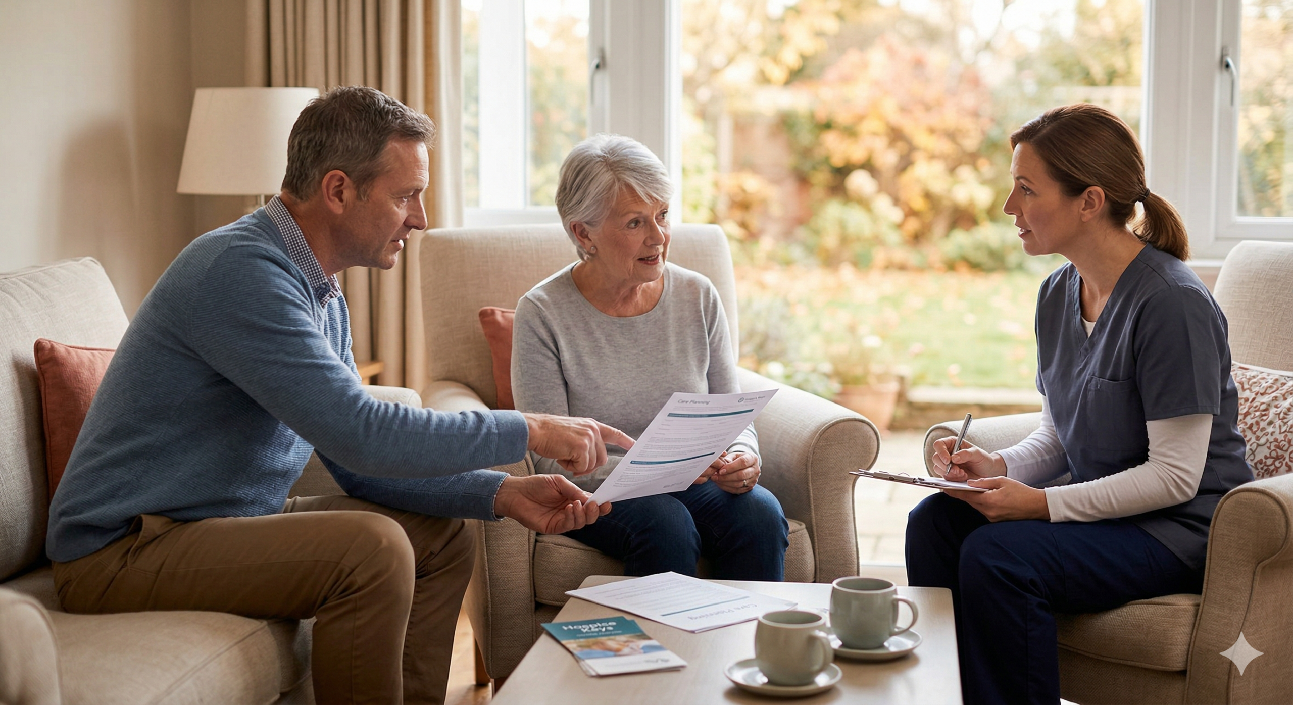 A nurse advocate and social worker assist an older woman and her son with care planning, highlighting the relational support needed when caregiving for divorced parents.