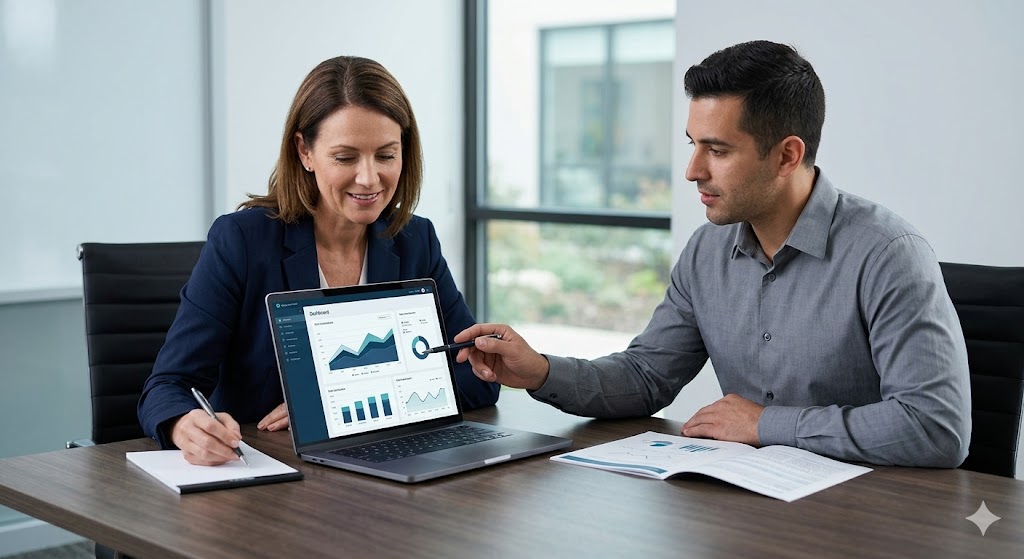 High-definition snapshot of a hospice director and billing manager reviewing financial performance data and operational KPIs to improve revenue cycle stability and oversight.