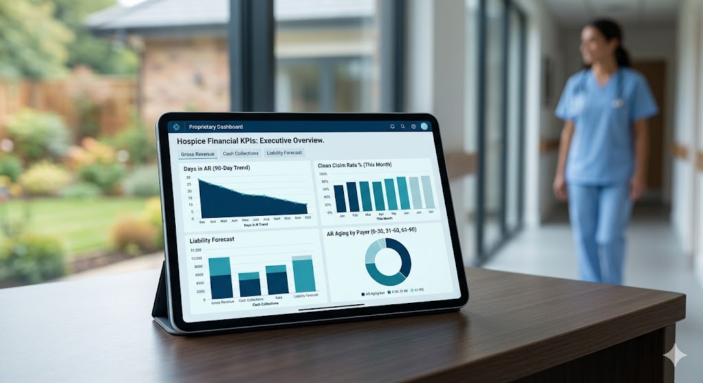 Strategic dashboard for hospice revenue cycle management showing reduced AR days and optimized cash flow for leadership visibility.