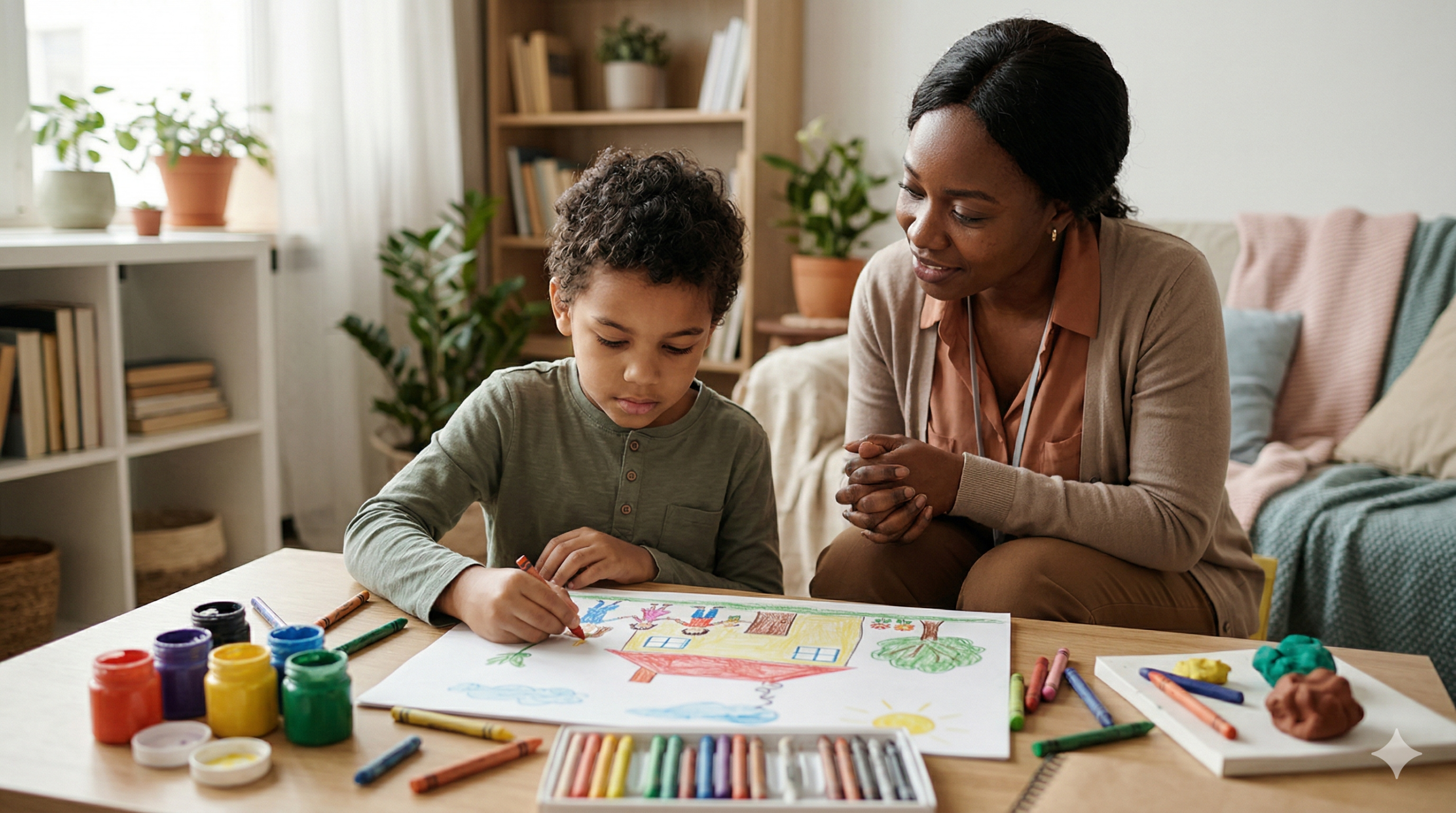 Hospice social worker using arts-based existential intervention (ABEI) to help a child process grief and understand death.